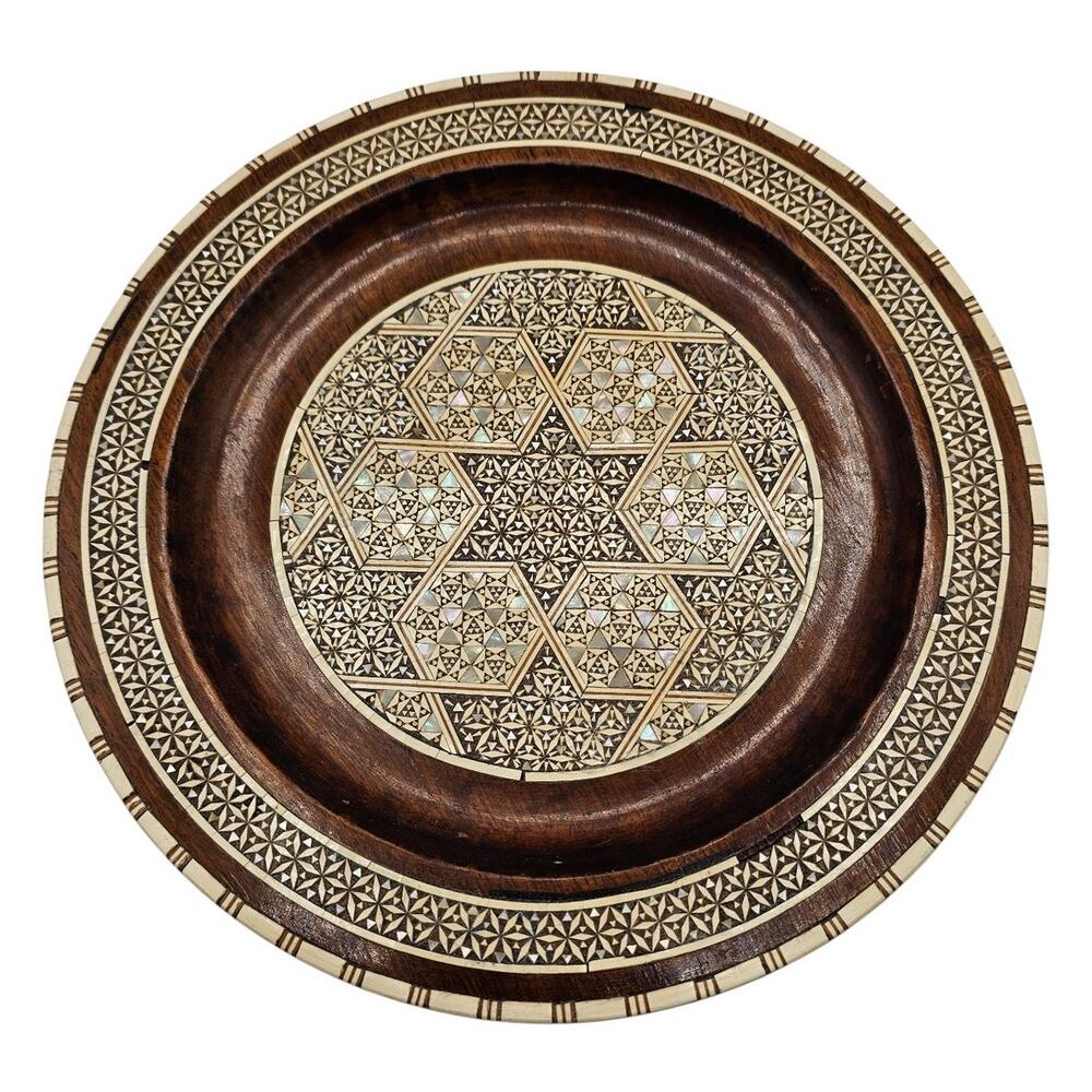 Vintage Mosaic Mother of Pearl Inlay Wood Decorative Plate / Abalone Wall Decor